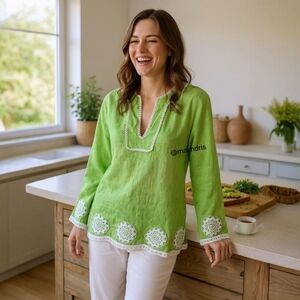 Jeannie McQueeny 100% Linen Tunic Top - Heavily Beaded Boho Coastal Artisan - M